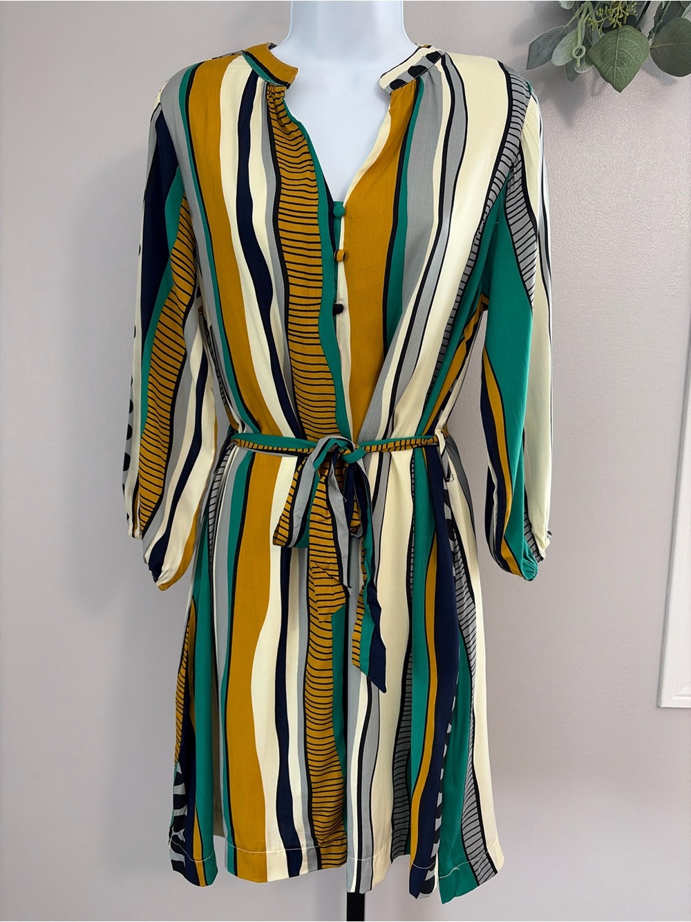 NWT Umgee Striped Tie-Waist 3/4 Sleeve Dress in Green, Mustard & Ivory
